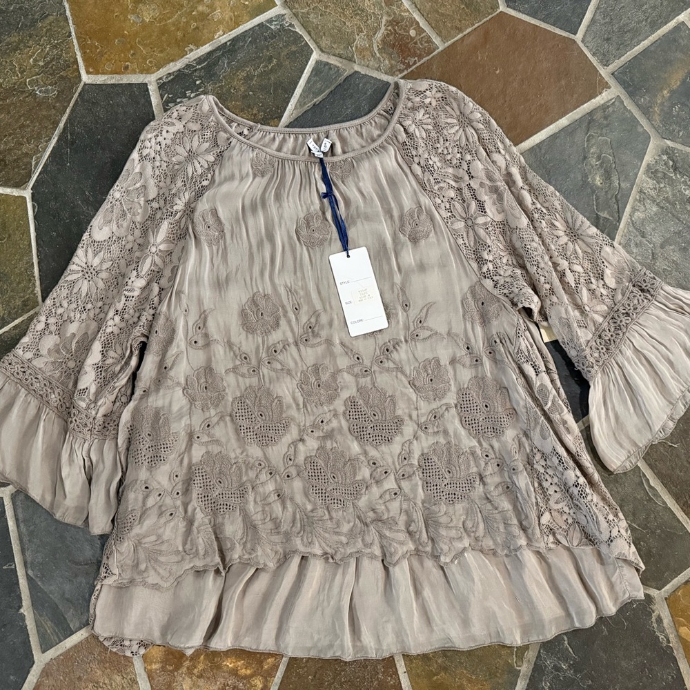 Tempo Paris Taupe Lace Embroidered Blouse